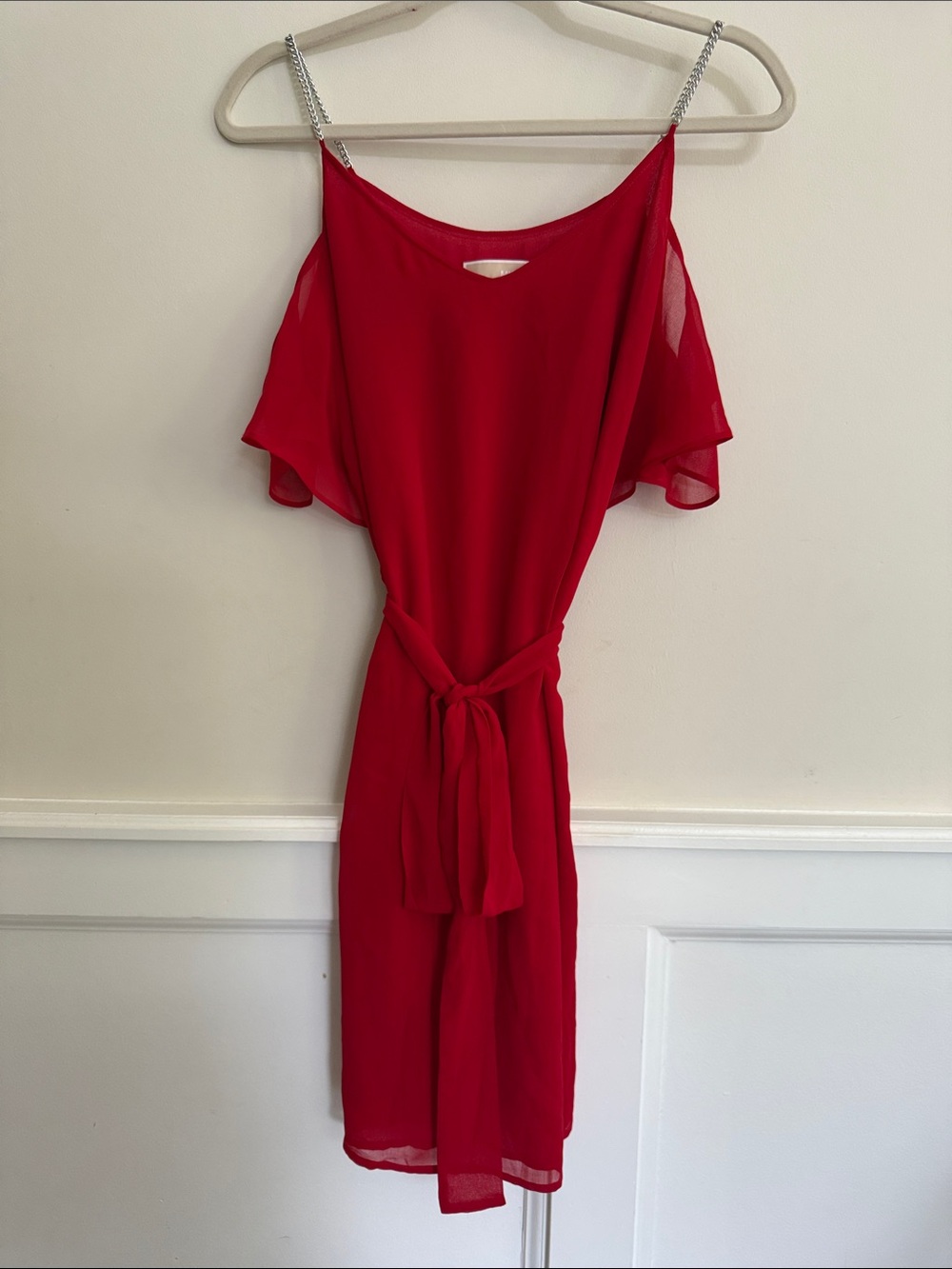 Michael Kors Red Cold-Shoulder Midi Dress with Tie Waist